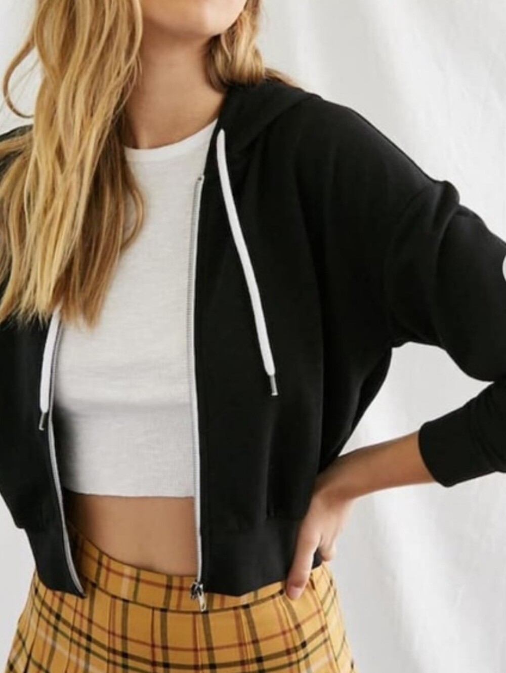 Forever21 Cropped Zip-Up Hoodie with Drawstring Size Medium